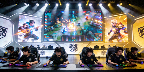 大型电竞赛事舞台，聚光灯下选手正在紧张比赛，身后大屏幕显示游戏画面